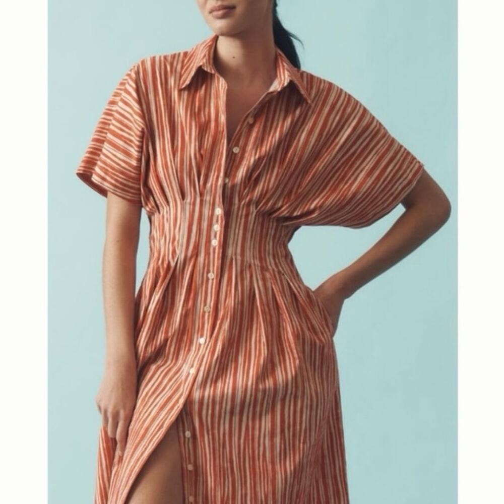Anthropologie Exquise The Tobie Cadence Shirt Dress Midi in Red Ivory, Size XS - Picture 3 of 14